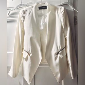 Zara Basic White Open Lined Blazer Gold Zip Pockets & Sleeves Size Small